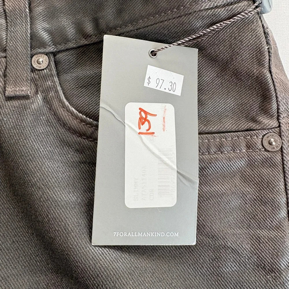 NWT 7 For All Mankind Slimmy Coated Jeans Brown 32 Waxed Chocolate Look 115561